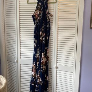 High neck, long navy with flowers dress